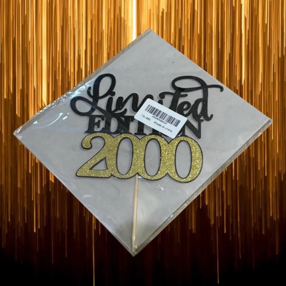 Limited Edition 2000 Cake Topper - Black and Gold Glitter Party Decoration